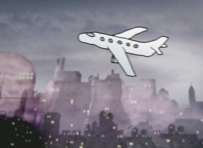 Swedish Migration Board 14.40, film still from animation, airplane leaves the country.