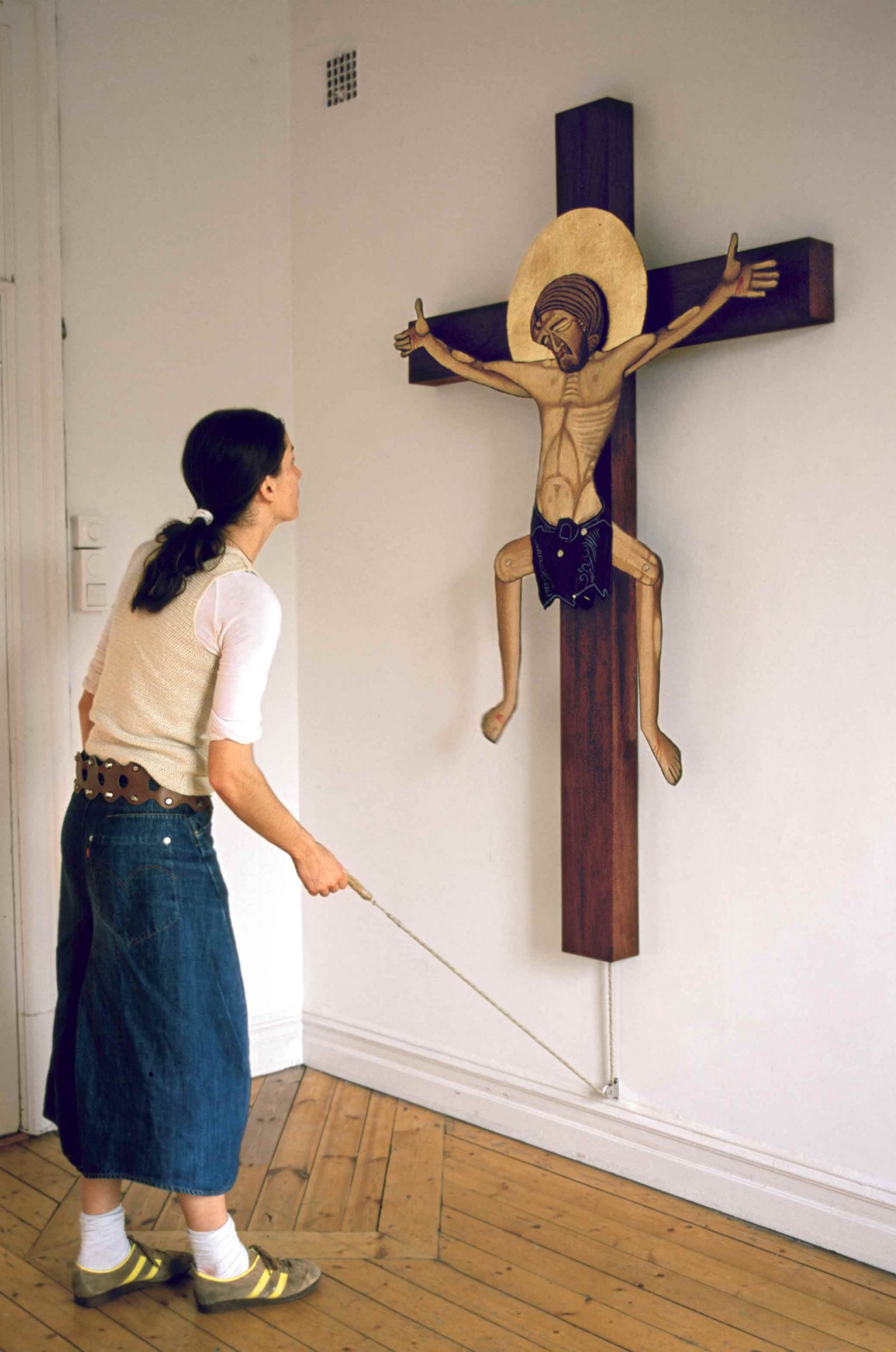 Crucifix, mechanical sculpture, jumping jack Jesus.