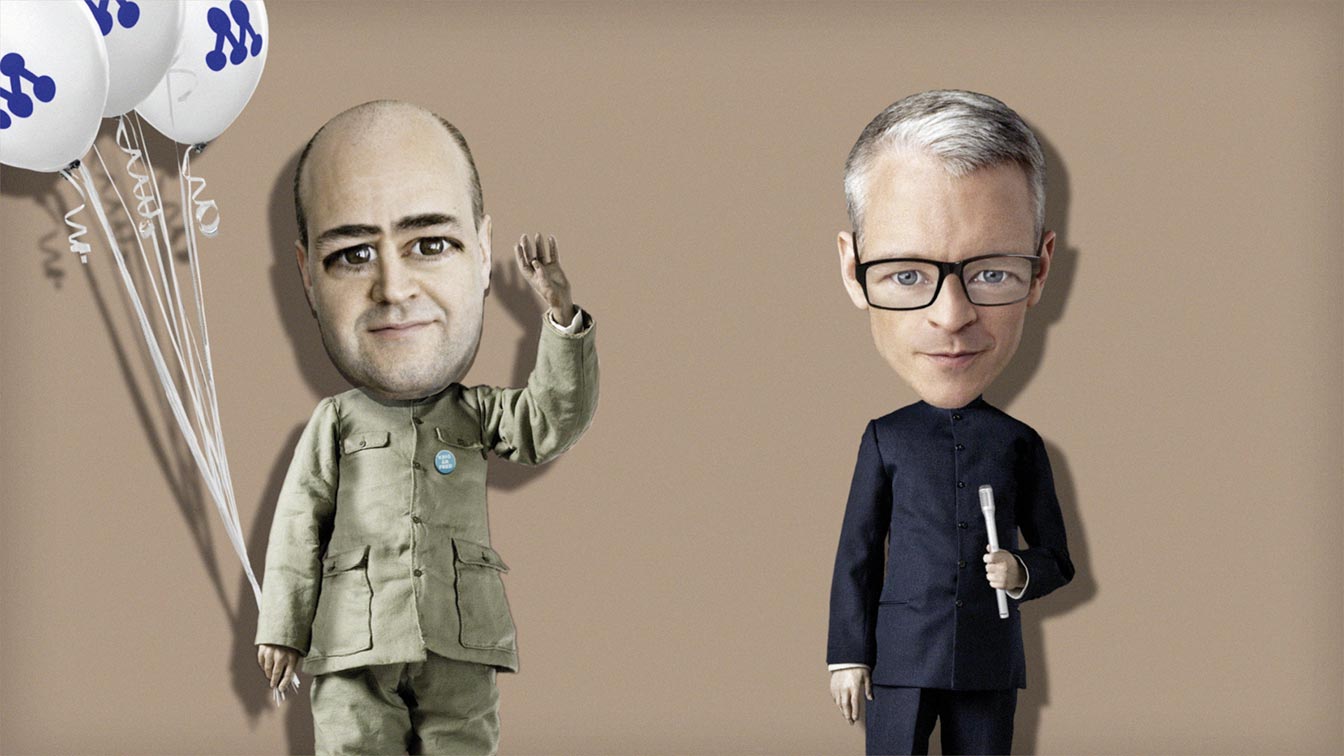 Four More Years With The Alliance, film still from animation, Fredrik Reinfeldt, ballons and journalist.