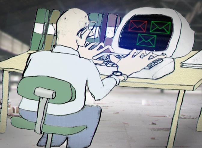 Swedish Migration Board 14.40, film still from animation, office worker at his desk with computer.