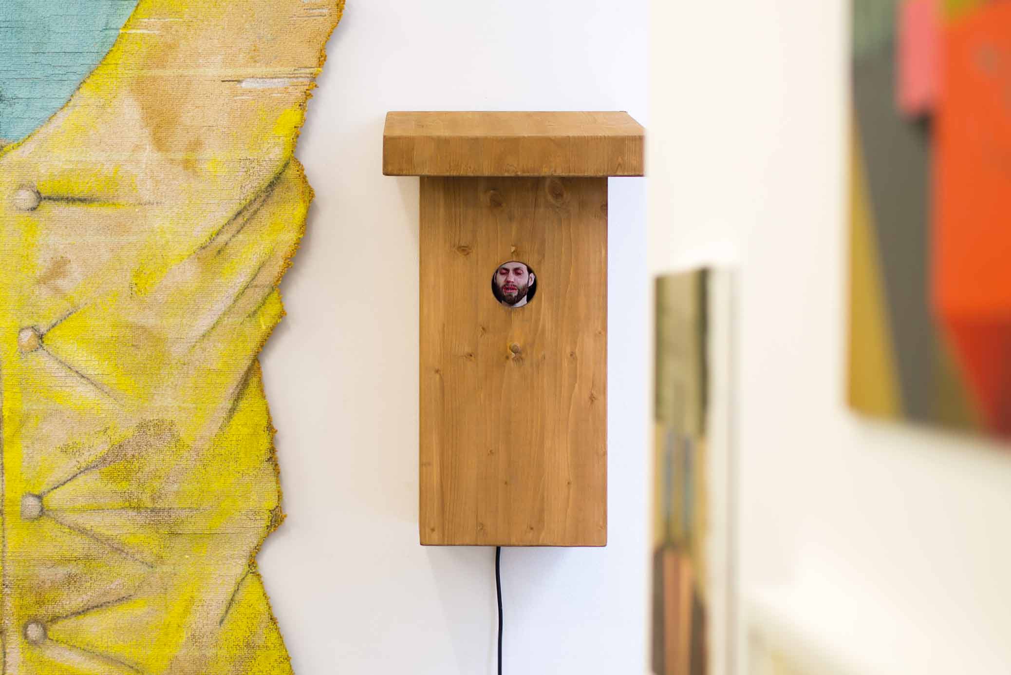 Nesting Box, video sculpture by Björn Perborg with crying man inside.