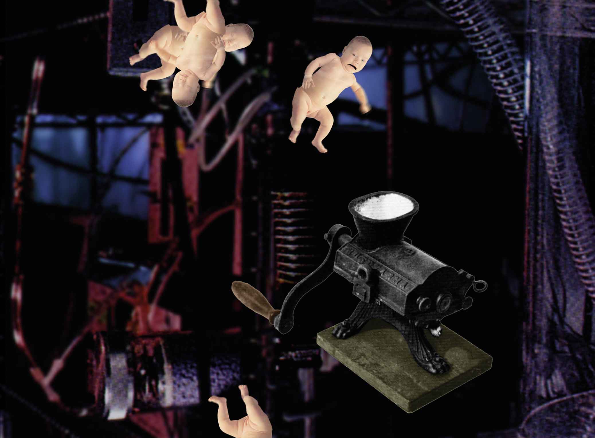 Perfume Factory, film still from animation, infants approaching mincer.