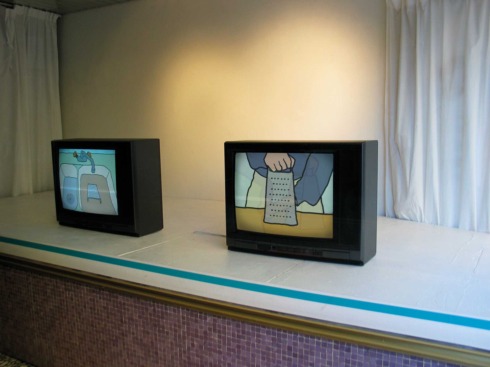 Grater, video installation, animation, at Konsthallen JR, two TV-sets in shopping window.