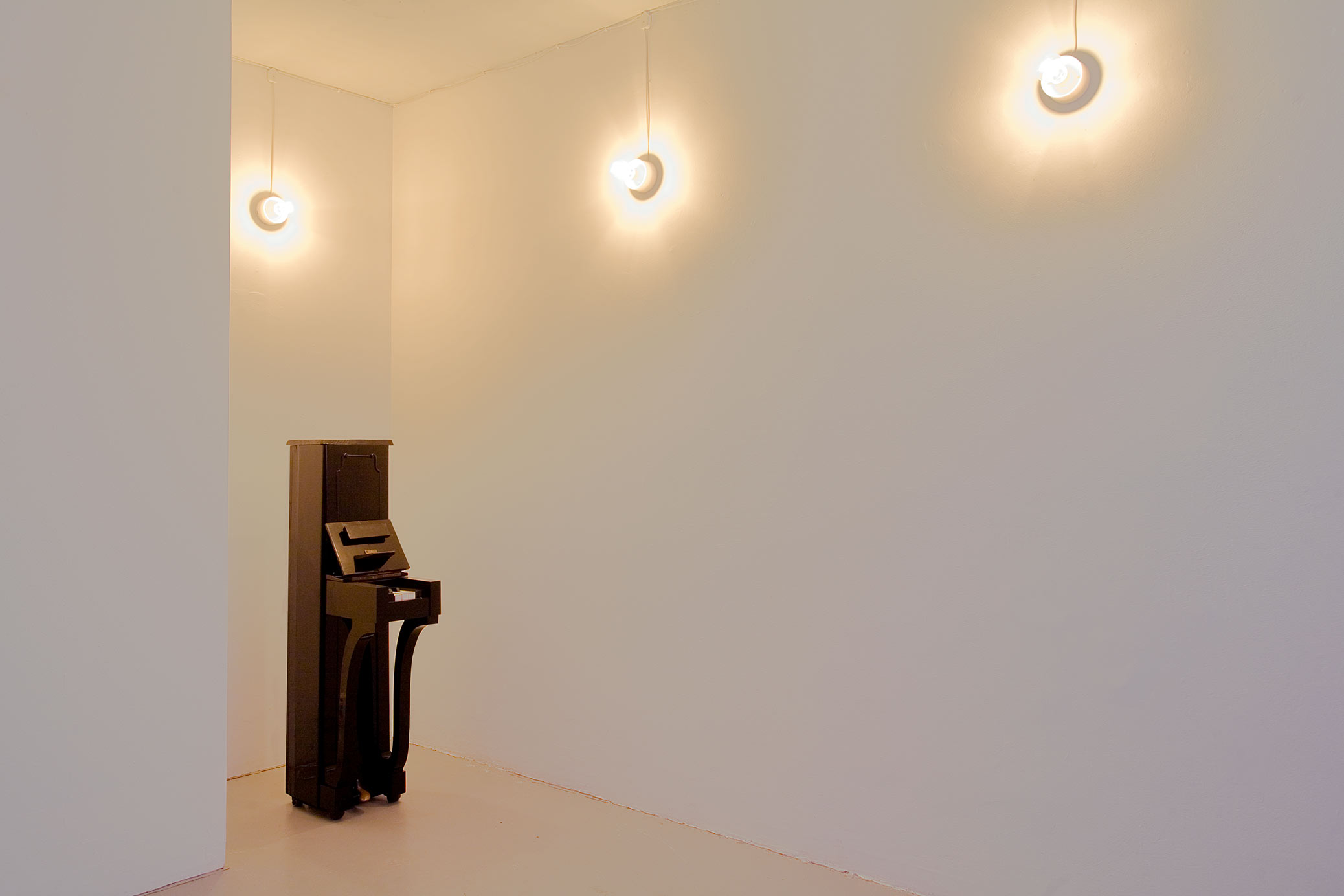 The Collectors, installation with filing cabinets at Galleri Box. Narrow piano sculpture.