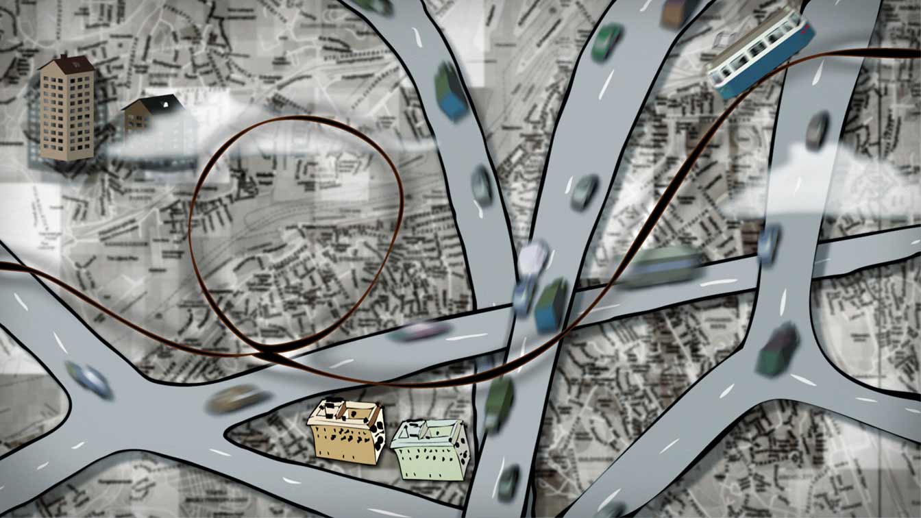 The City I Live In, film still from animation, tram, street map and traffic.