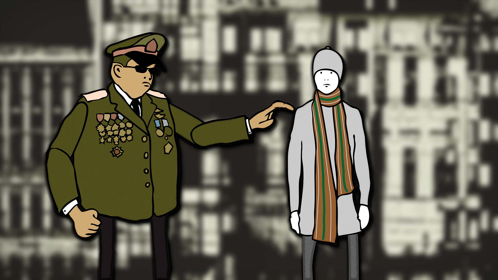 The Warmest Winter in 250 Years, film still from animation. Policeman approaches young man in scarf.